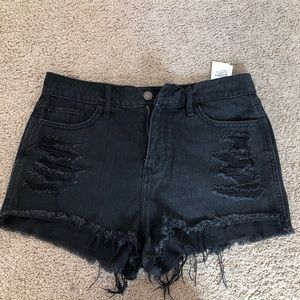 Black distressed denim shorts